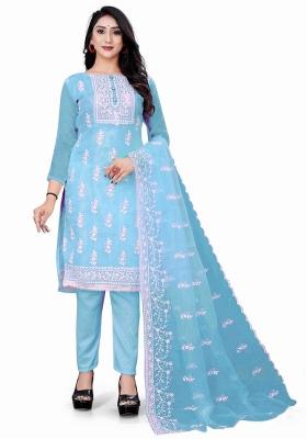 Sea Green Embroidered Oragnza Dress Material