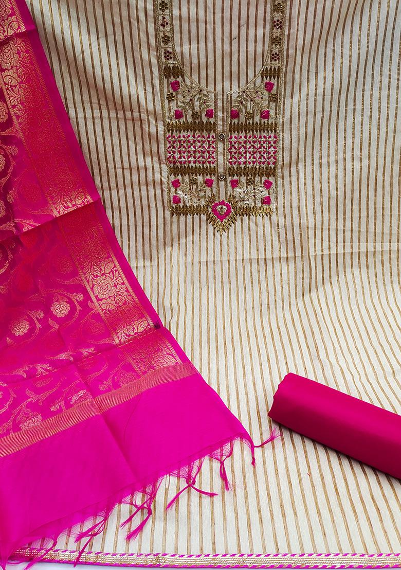 Beige Embroidered Cotton Blend Dress Material - Indya