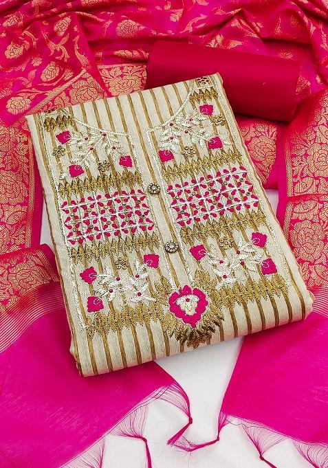 Beige Embroidered Cotton Blend Dress Material