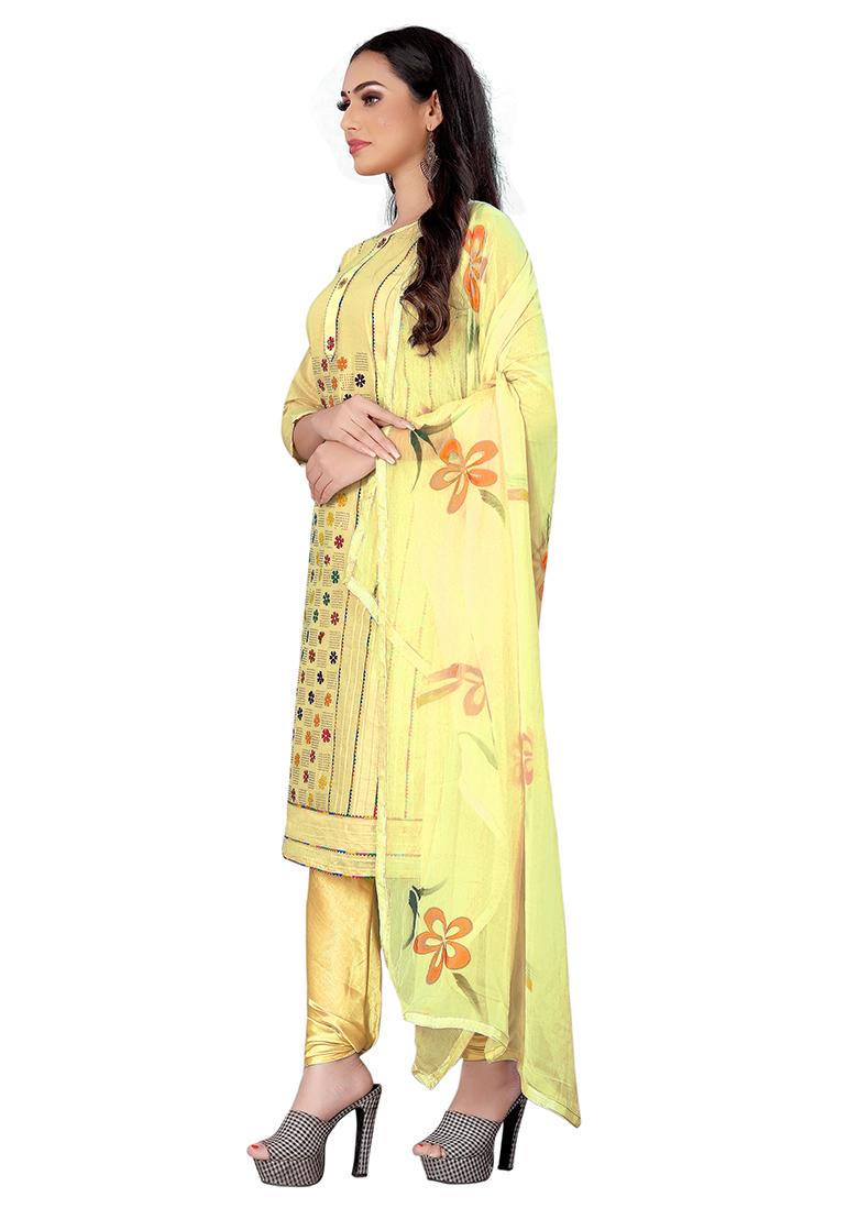 Beige Embroidered Cotton Blend Dress Material - Indya