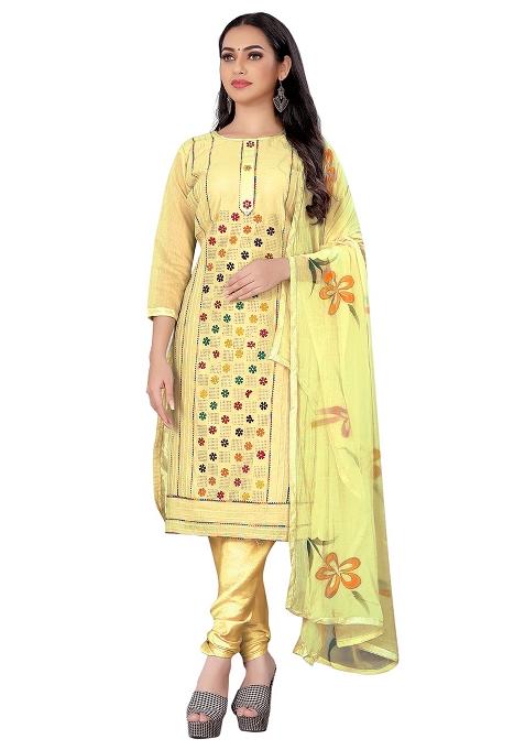 Beige Embroidered Cotton Blend Dress Material