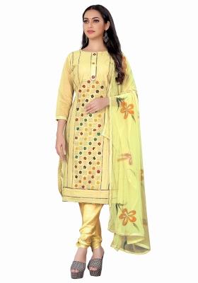 Beige Embroidered Cotton Blend Dress Material