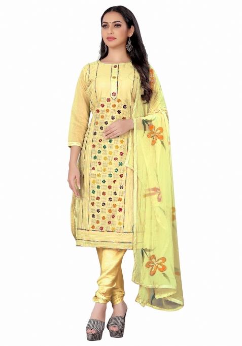 Beige Embroidered Cotton Blend Dress Material