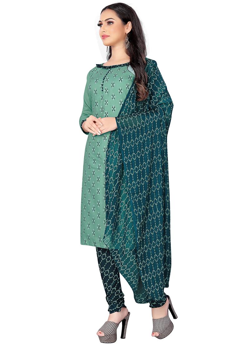 Sea Green Embroidered Cotton Blend Dress Material