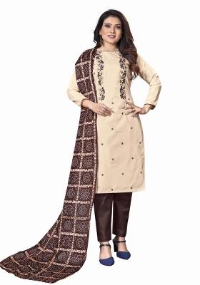Beige Embroidered Silk Dress Material