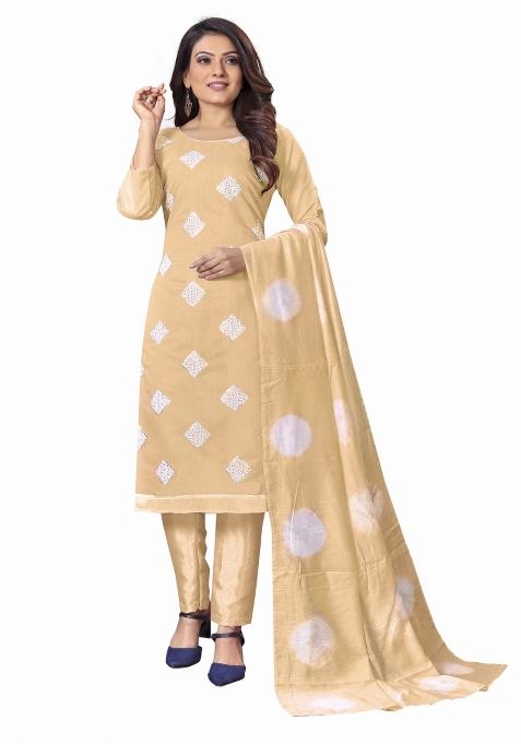 Beige Embroidered Cotton Blend Dress Material