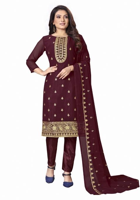 Maroon Embroidered Faux Georgette Dress Material