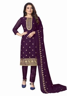 Purple Embroidered Faux Georgette Dress Material