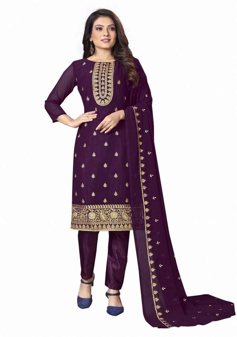 Purple Embroidered Georgette Pakistani Suit Set - Indya