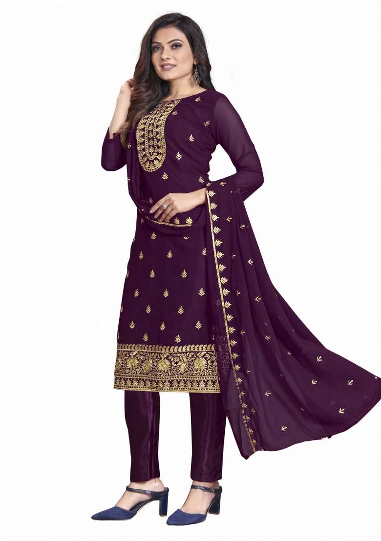 Purple Embroidered Georgette Pakistani Suit Set - Indya