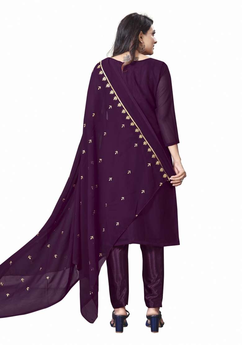 Purple Embroidered Georgette Pakistani Suit Set - Indya