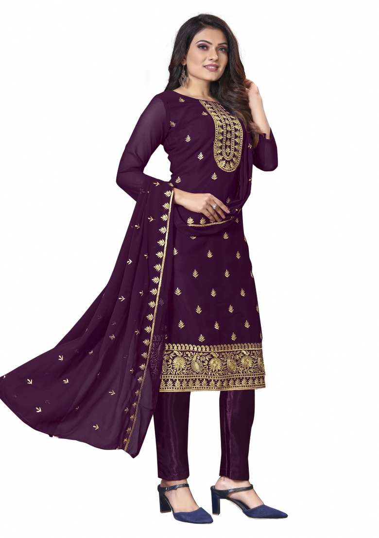 Purple Embroidered Georgette Pakistani Suit Set - Indya