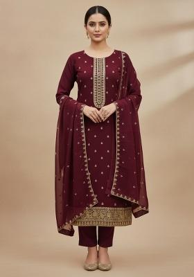 Maroon Embroidered Faux Georgette Dress Material