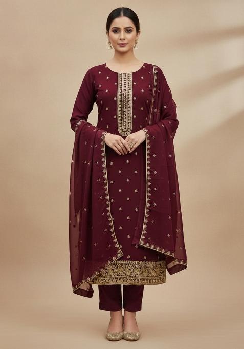 Maroon Embroidered Faux Georgette Dress Material