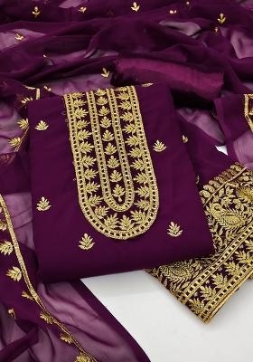 Purple Embroidered Faux Georgette Dress Material
