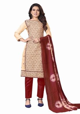 Beige Embroidered Silk Dress Material