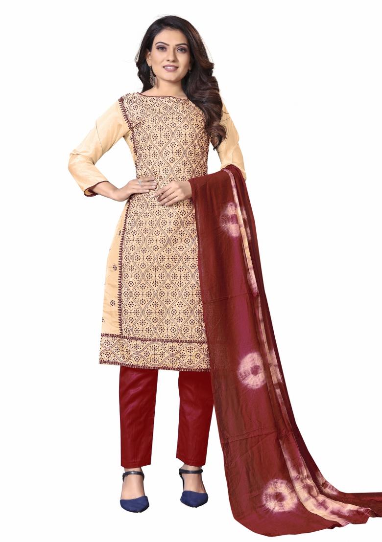 Beige Embroidered Silk Dress Material