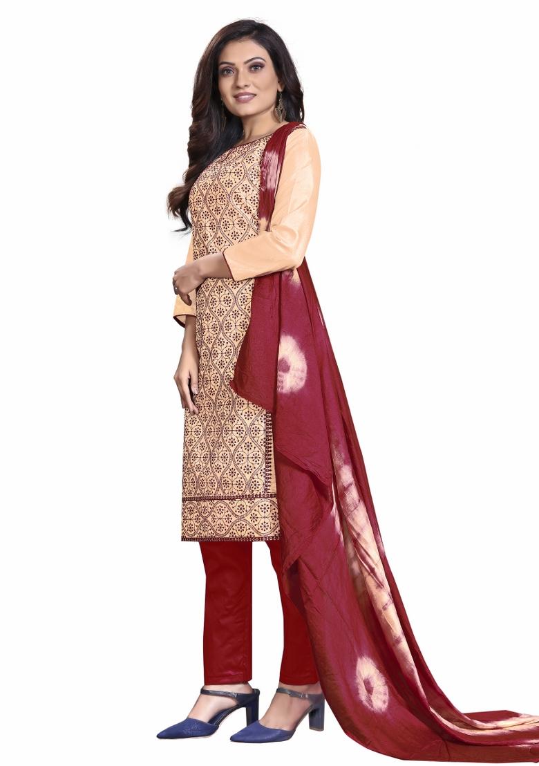 Beige Embroidered Silk Dress Material