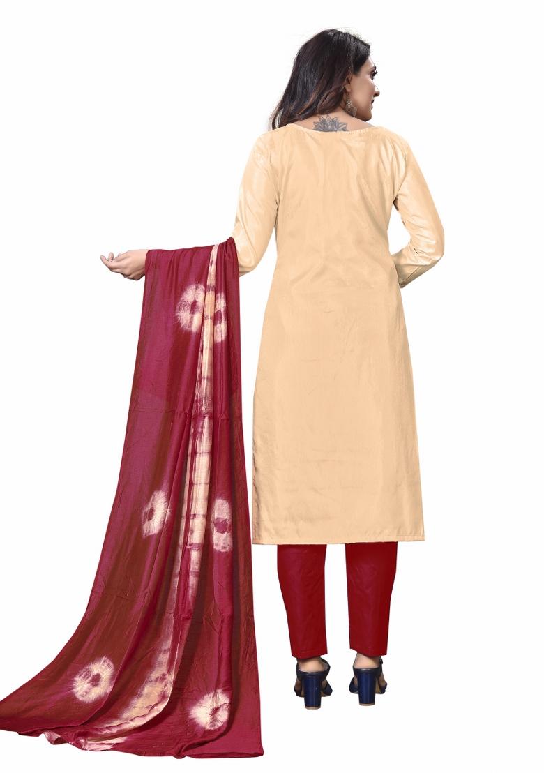 Beige Embroidered Silk Dress Material