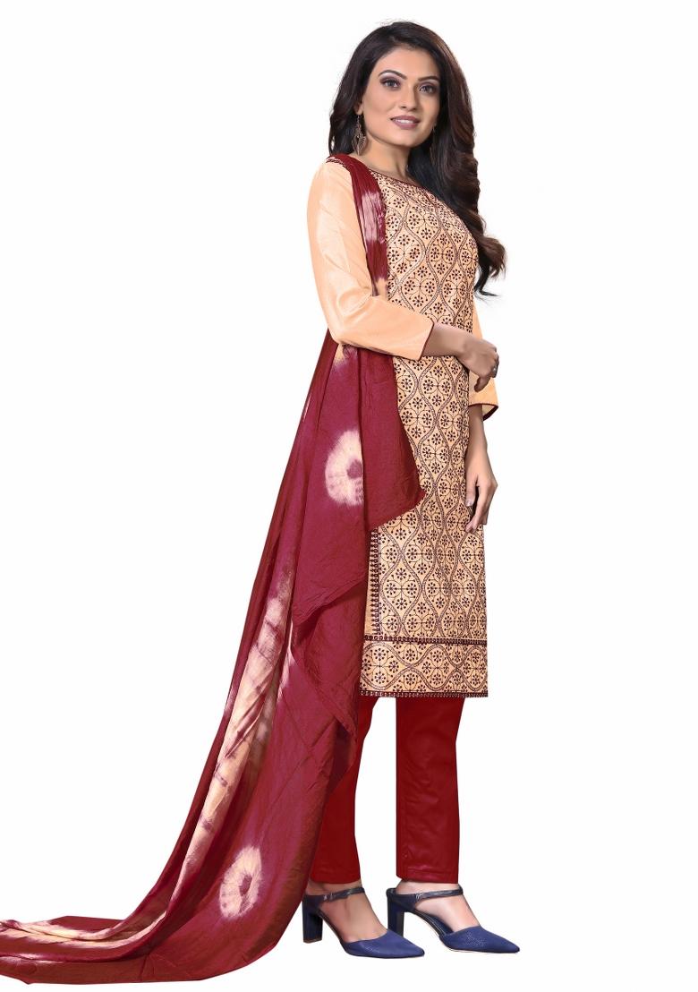 Beige Embroidered Silk Dress Material