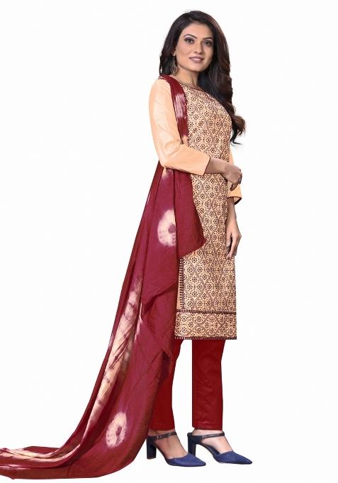 Beige Embroidered Silk Dress Material