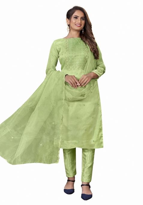 Green Embroidered Organza Straight Kurta Set