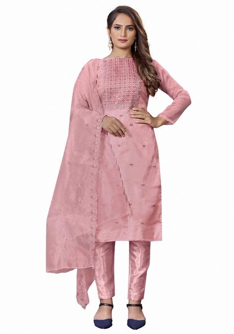 Pink Embroidered Organza Straight Kurta Set