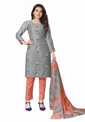 Grey Embroidered Cotton Blend Dress Material