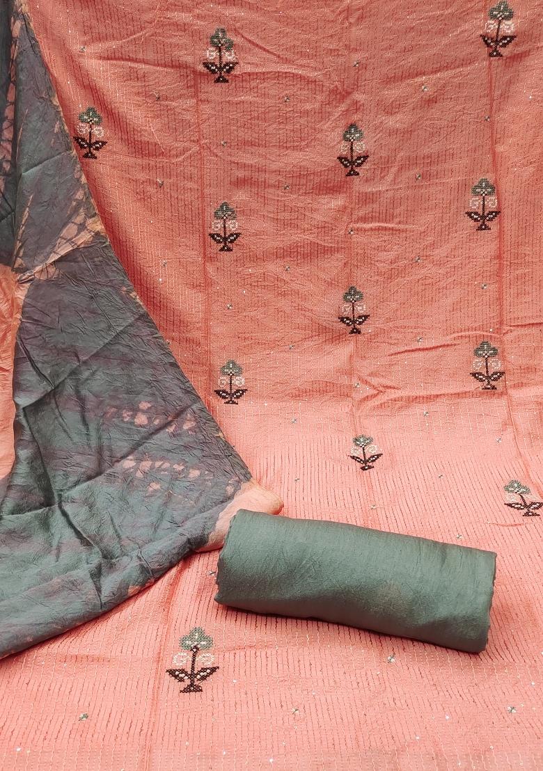 Peach Embroidered Cotton Blend Dress Material