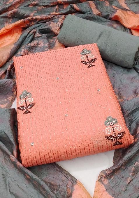 Peach Embroidered Cotton Blend Dress Material