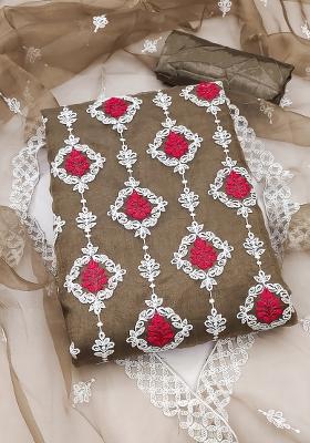 Brown Embroidered Oragnza Dress Material