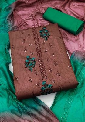 Brown Embroidered Silk Dress Material