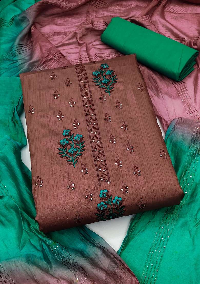 Brown Embroidered Silk Dress Material - Indya
