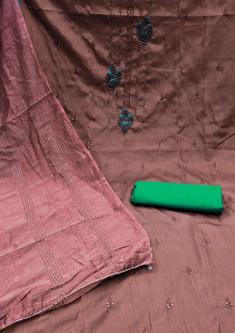 Brown Embroidered Silk Dress Material - Indya