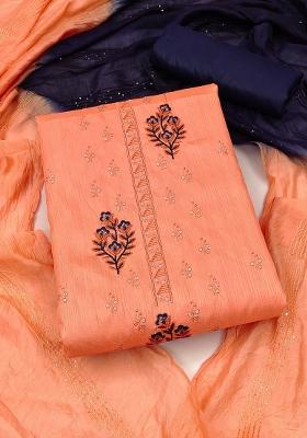 Peach Embroidered Silk Dress Material