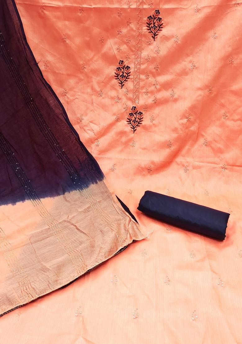 Peach Embroidered Silk Dress Material