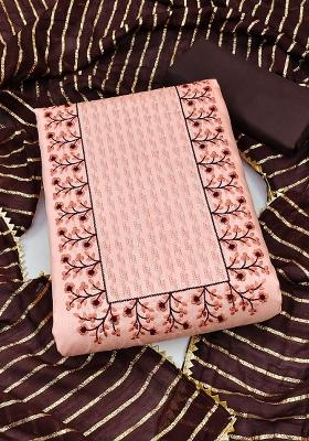 Peach Embroidered Silk Dress Material