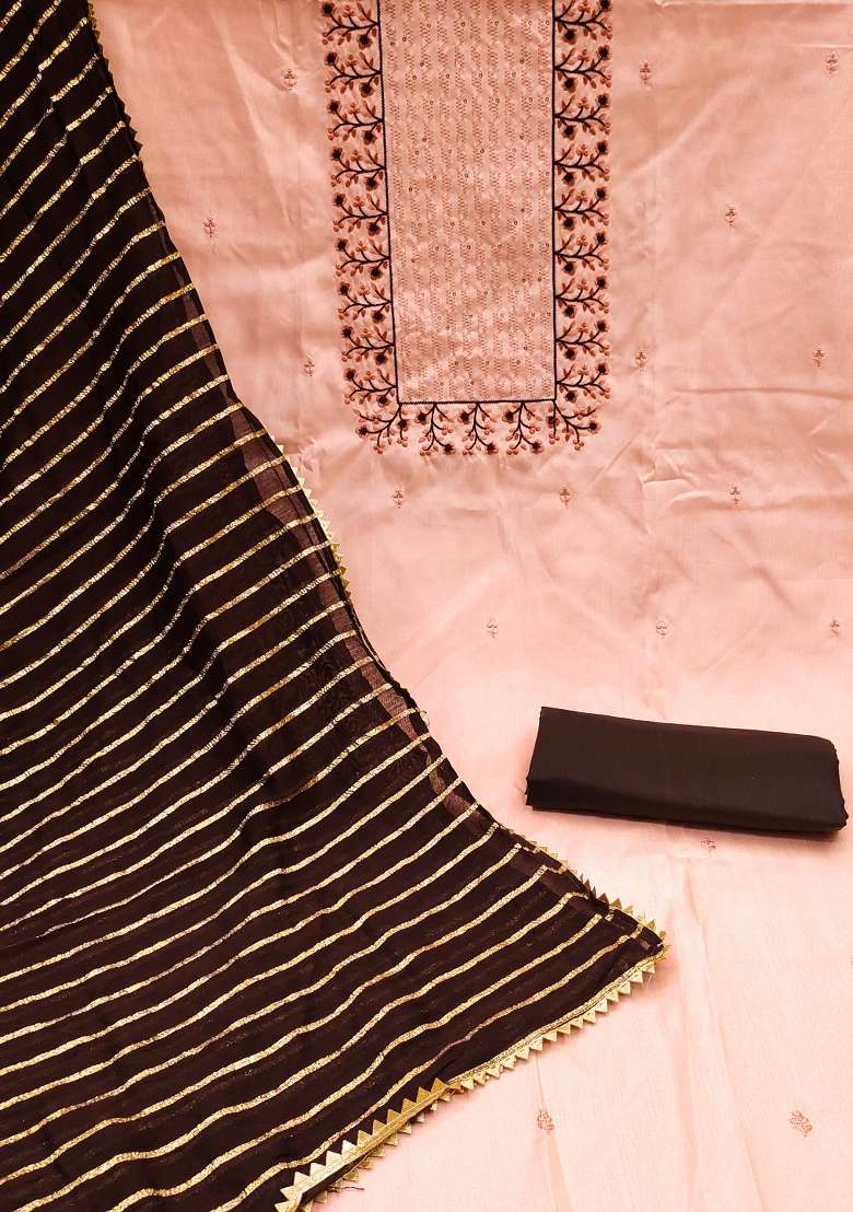 Peach Embroidered Silk Straight Kurta Set - Indya