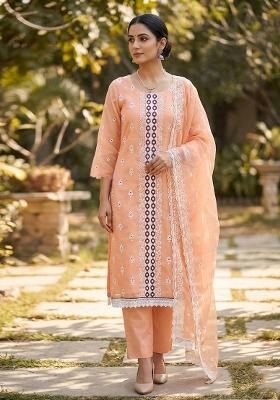 Peach Embroidered Georgette Dress Material