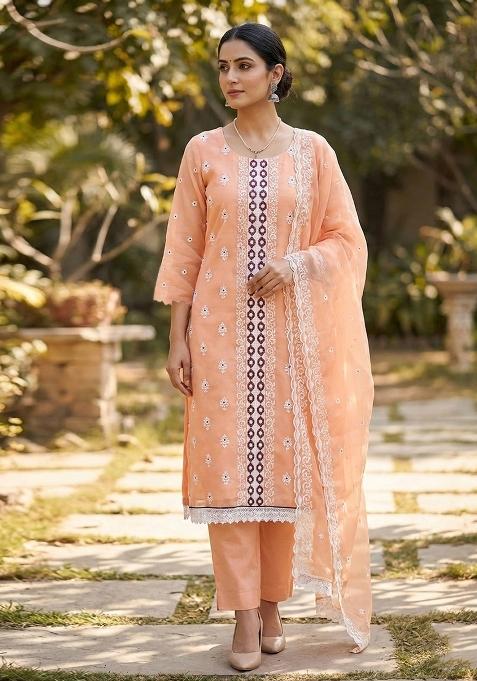 Peach Embroidered Georgette Dress Material