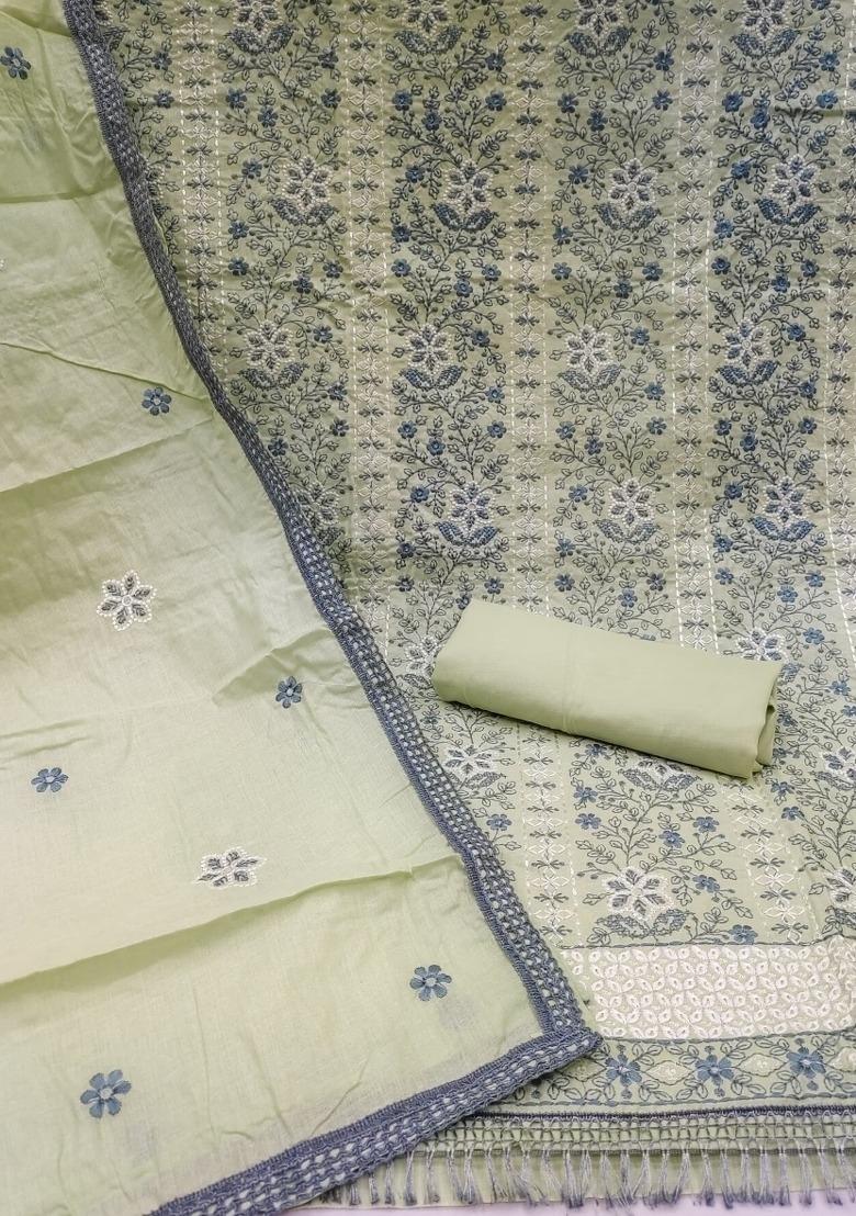 Light Green Embroidered Cotton Blend Dress Material - Indya