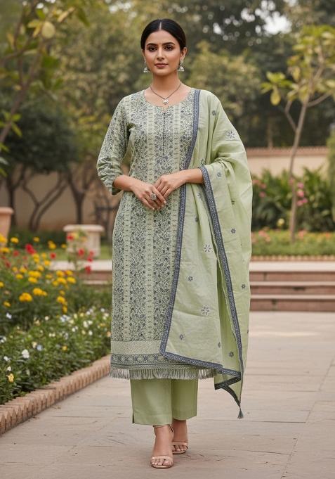 Light Green Embroidered Cotton Blend Dress Material