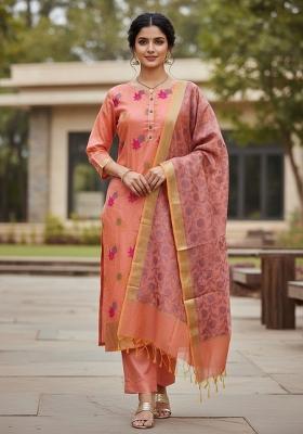 Light Red Embroidered Jacquard Dress Material