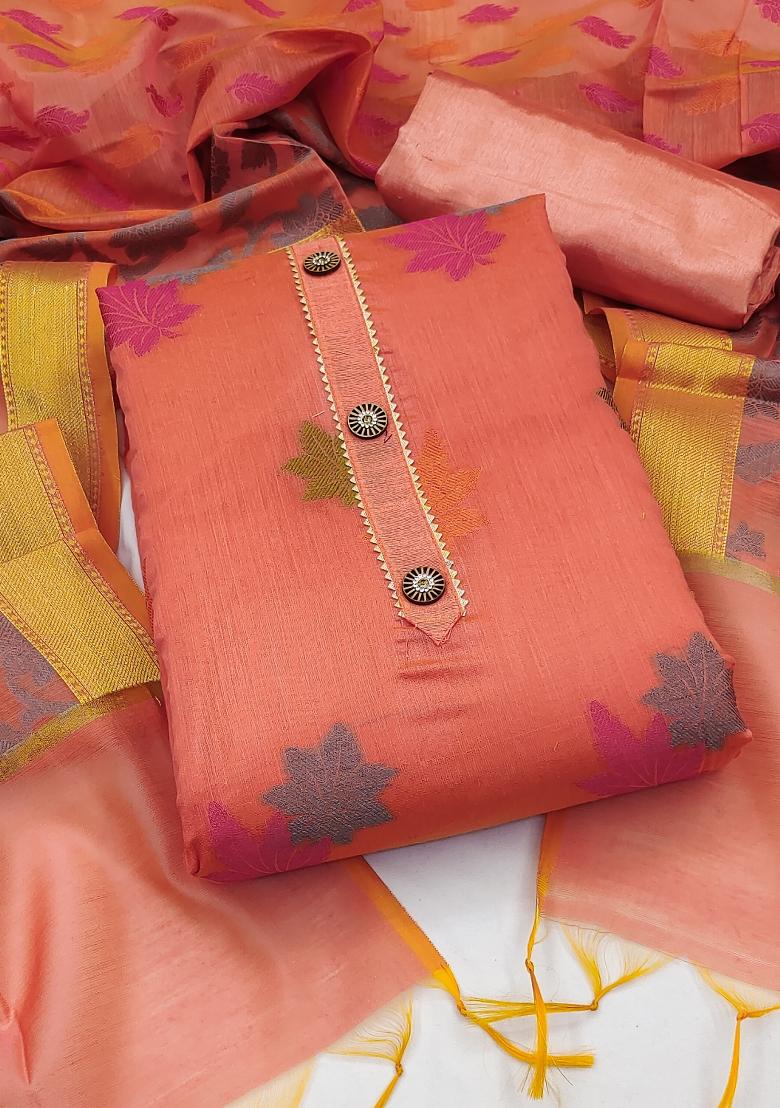 Light Red Embroidered Jacquard Dress Material