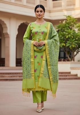 Green Embroidered Jacquard Dress Material