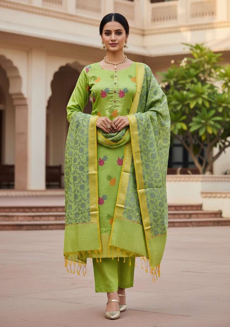 Green Embroidered Jacquard Dress Material - Indya