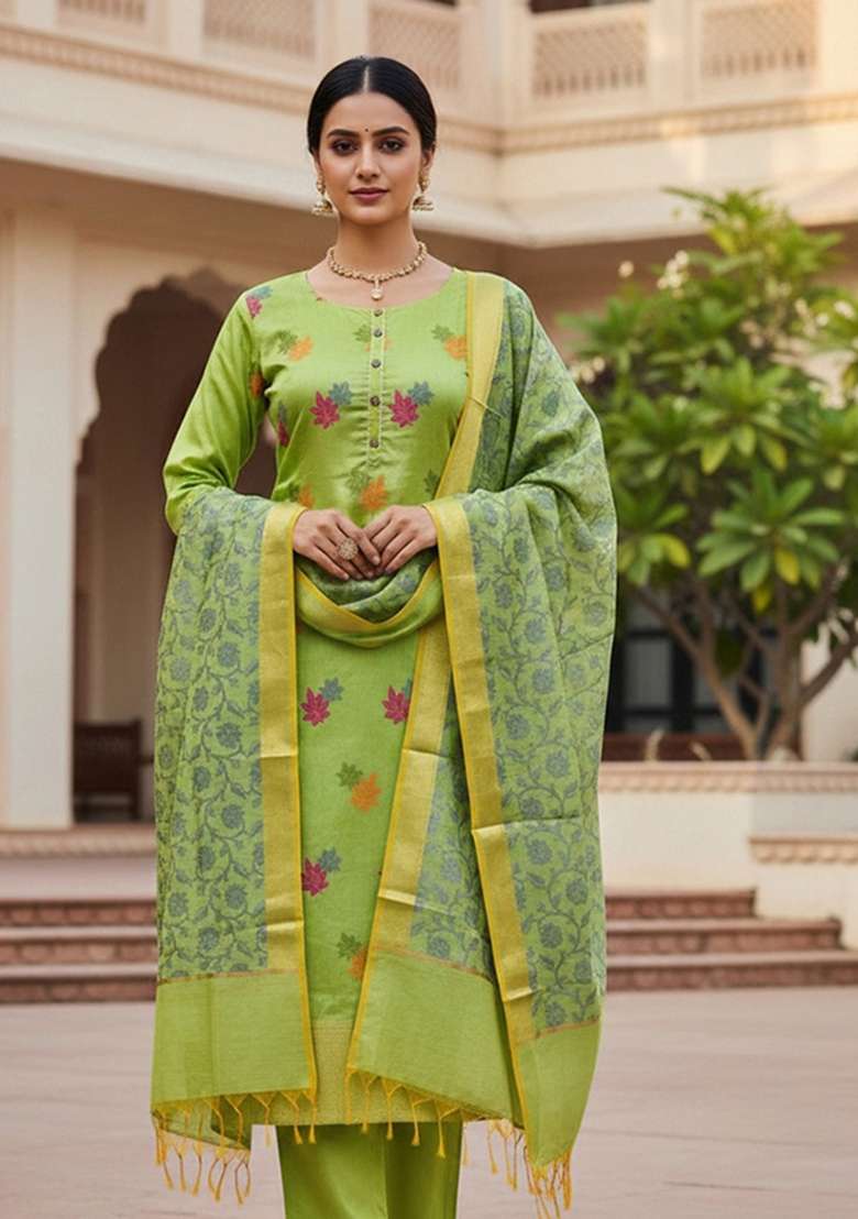 Green Embroidered Jacquard Dress Material - Indya