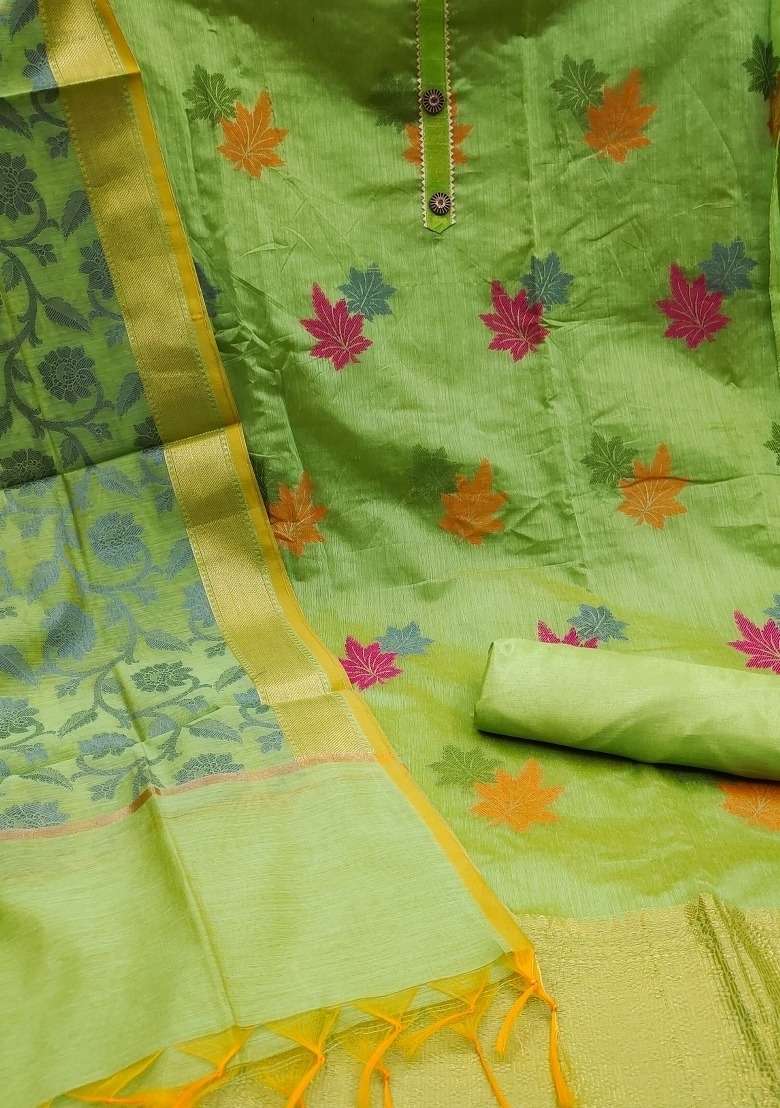 Green Embroidered Jacquard Dress Material - Indya