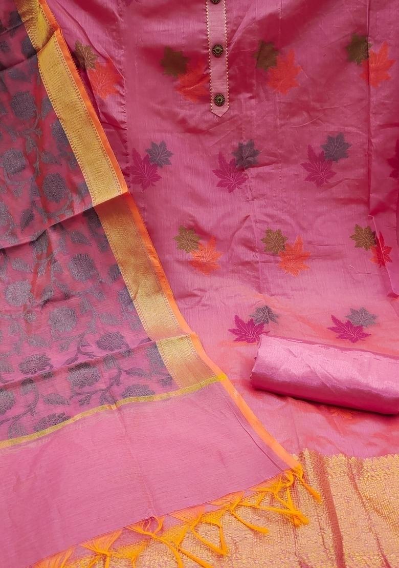 Pink Embroidered Jacquard Dress Material - Indya