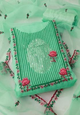 Sea Green Embroidered Oragnza Dress Material